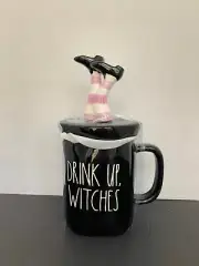 Rae Dunn Mug DRINK UP WITCHES w/ Witch Legs Topper BLACK Purple and White Legs