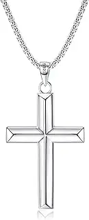 [Milacolato] Solid 925 Sterling Silver Cross Necklace for Men Women 2mm Diamond-Cut Durable Sterling Silver Rolo Chain 18K White Gold Plated Beveled Edge Cross Crucifix Pendant Necklace Jewelry 16-24