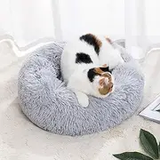 SEDOXX Donut Cat Bed for Indoor Cats Plush Dog Bed for Small Medium Pet Self Warming Round Puppy Sofa Faux Fur Anti-Slip Bottom Improve Sleeping Bed,70cm,Grey