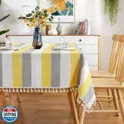 AmHoo Striped Tassel Tablecloth Stitching Rectangle Table Cloth Cotton Linen