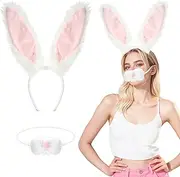 Bunny Ears Headbands Plush Fabric Bunny Nose Easter Party Prom Cosplay Supplies Furry Rabbit Ear Headband Set Halloween Costume Acessory for Women Girl