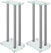 'vidaXL Tempered Glass and Aluminium Speaker Stands with Integrated Wire Management, Non-Slip Design - Pair, Silver
