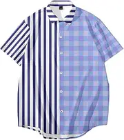 [Kelukes] Hawaiian Shirt for Men Women Striped Chess-Board Graphic Tee Tops Loose Casual Button Up Short Sleeve Blouse, Blue-2, 3X-Large