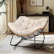 knocetx Rocking Egg Chair, Outdoor Rocking Chair with Thick Cushion, Modern Indoor Outdoor Papasan Rocking Chair, Lounge Rocker for Balcony, Living Room, Bedroom, Porch, Patio, Lawn, Garden (Ivory)