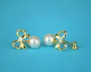 14K Yellow or White Gold Bow Tie Freshwater Pearl CZ Stud Earring