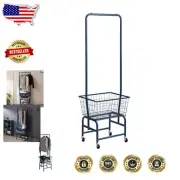 Durable Navy Blue Rolling Laundry Cart with Clothes Rack and Storage Shelf