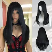 24-Inch Layered Straight Black Wig for Women – Full Bangs, Sleek Synthetic Hair, Perfect for Halloween Cosplay Fashion