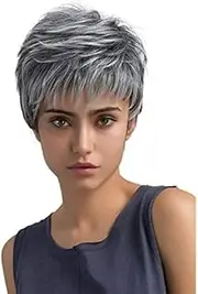 Short Grey Wigs for Women Sliver Gray Wigs with Bangs Mixed Pixie Cut Wig Pixie Cut Layered Wigs Silver Gray Wigs (C)
