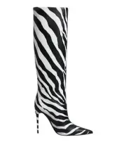 Dolce&Gabbana Women Black White Boots 100% Leather Zebra Print Knee High Booties
