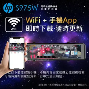 HP 惠普 S975W【全台到府安裝 贈128G】電子後視鏡 雙錄行車記錄器 GPS 區間測速 TS碼流 WIFI傳輸