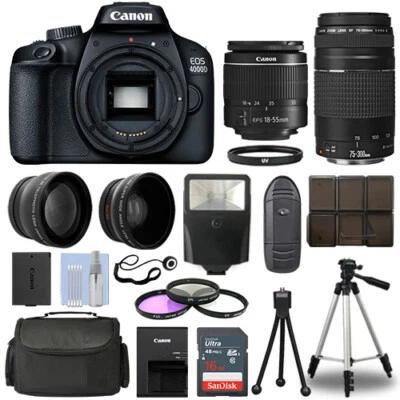 Canon EOS 4000D DSLR Camera + 4 Lens Kit 18-55mm + 75-300mm + 16GB Top Value Kit