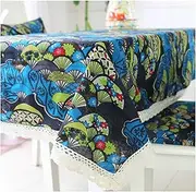 EHOMERY Table Clothes Nordic Tablecloth Table Geometry Fans Pattern 8 Seater Dining Table Cloth Tablecloths Colorful Cotton Linen Blue Table Decoration 140X260Cm