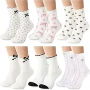 [Suhine] 6 Pairs Women Crew Socks with Bow Casual Ruffle Ankle Socks Cute Breathable Thin Cool Frilly Stockings