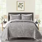 Gray Quilt Set Queen Size, Grey and White Reversible Botanical Bedspread Cove...