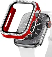 Bling Rhinestone Case Compatible with Apple Watch Case 38mm, Hard PC Diamond Protective Case with Tempered Glass Screen Protector for iWatch Series 3 2 1, Red and Silver