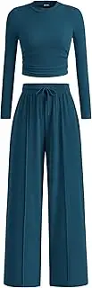 [BTFBM] Casual 2 Piece Sets For Women Spring Outfits 2025 Long Sleeve Crop Top Wide Leg Pants Summer Matching Lounge Set