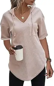 [Cuptacc] Pullover Women's Hoodie Long Sleeve V Neck Pullover Sweatshirt Hoodie Plain Drawstring Top