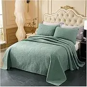 Quilt Bedding Set Queen King Size 3 Pcs Summer Dark Green Palm Leaves Cotton Lightweight Reversible CoverletQuilt Bedspread(270x250cm+50x70cm x2)