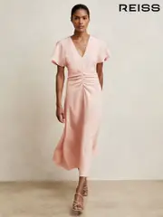 Reiss Pale Pink Rowe Ruched-Front Midi Dress (H19618) | $465