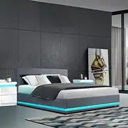 Artiss Queen Bed Frame Platform Headboard RGB LED Gas Lift Beds Base with Storage Space Frames Bedroom Room Decor Home Furniture, Upholstered with Grey PVC Leather + Foam + Wood