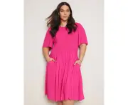 AUTOGRAPH - Plus Size - Womens Midi Dress - Pink - Summer Casual Beach Dresses - Hot Pink - Short Sleeve - - Women's Clothing - Hot Pink