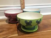 3 handpaint Pedestal Dessert Bowls Stoneware Ice Cream pink/blue/gre MCM Japan