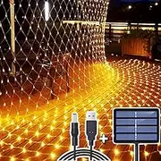 204 LED Net Lights Outdoor, 3M x 2M Mesh Fairy String Lights Solar/USB Powered Rechargeable Copper Wire Light, Weatherproof Garden Net Curtain Light, Christmas Decorative for Balcony Fence, Warm White
