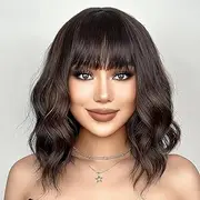 Black with Brown Highlight Wig,Short Wavy Brown Bob Wig Bangs for Black Women Synthetic Hair Replacement Wigs150% Density 14 Inch