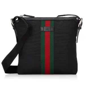 【GUCCI 古馳】631199 經典綠紅綠織帶拼接帆布斜背包(黑色)