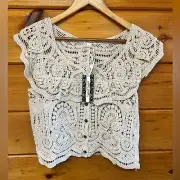 NWT Cotton Ultra Pink Tier Crochet Cream Poho Peasant Button Front Blouse Top M