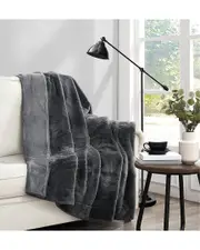 Vince Camuto Soft Faux Rabbit Fur Grey Throw In Gift Box