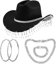 [Hercicy] Western Cowgirl Outfit Glitter Rhinestone Cowboy Hat with Bling Cuban Link Chain Necklace Bracelet Crystal Big Circle Rhinestone Earring for Women Bride Gift Bachelorette Party Accessories,