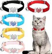 Weewooday 5 Pieces Heart Bling Cat Collar Soft Velvet Kitten Collar with Safety Bell and Love Heart Rhinestone Breakaway Buckle Adjustable for Kitty and Puppy (Black, Red, Blue, Pink, Yellow)
