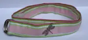 Double D Ring Fabric Belt Pink Green White Swarovski Crystal Dragonfly Accent