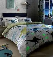 Glow in The Dark Dinosaur Duvet Cover - Single Bedding Size (200 x 140cm) - Reversible Designs (Geometric Triangle) - Dinosaur Bedding for Kids - Dinosaur Bedroom Accessories