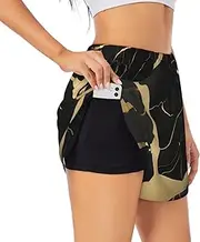 [WURTON] Black Marble Texture Gold Print Exercise Gym Workout Shorts Women's Athletic Shorts Dual-Layered Yoga Running Shorts