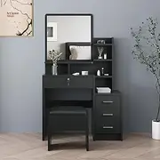 ALFORDSON Dressing Table and Stool Chair Set Black Color, Makeup Vanity Desk with Mirror, Mutiple Shelves & Side Cabinet, Dresser Organiser for Women Bedroom Dress Room