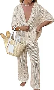 [Famulily] Womens Sexy Hollow Out Swimsuit Cover Up Crochet Net Beach Sets Button Down Shirt and Wide Leg Pants Matching Set