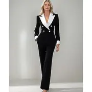 Jumpsuit / Pantsuit Mother of the Bride Jumpsuit Elegant Simple Minimalist V Neck Lapel Floor Length Zipper Up Crepe Stretch Fabric Long Sleeve with Color Bloc