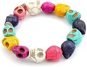 [Caiyao] Punk Personality Colorful Skull Bead Skeleton Bracelets Delicate Gothic Charm Head Bone Stone Seed Elastic Strand Bracelets Tibetan Prayer Mala Bangle for Men Women Hip Hop Jewelry
