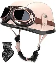 Leather Open Helmet Vintage Motorbike Half Helmet with Goggles Scooter Half Shell Helmet for Men Women Street Racing Motorcycle Cruiser DOT/ECE Approved