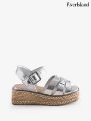 River Island Silver Girls Faux Leather Weave Wedge Sandals (F64555) | $60