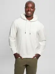 GUESS Men's White Bonded Velvet Hoodie Jumper Size: Medium, Elastane