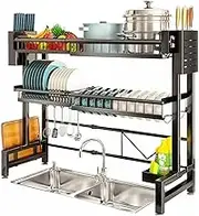 Dish Rack Over Sink(60-104cm),2 Tier Adjustable Large Dish Drainer for Kitchen Counter,Cutlery and Cutting Board,Kitchen Storage Counter Organization,Stainless Steel