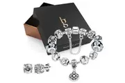 Boxed Pandora Inspired Full Set Beaded Charm Bracelet - Silver/White
