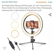 10 inch Ring Light and Tripod. 3 Color Temperatures USB Brightness Aixpi
