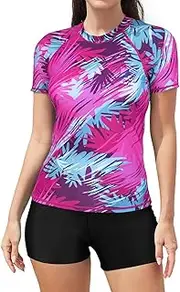 [SHEKINI] 2-Piece Rash Guard Swimsuits for Women UPF 50+ Shirt with Built in Bra Board Shorts Short Sleeve Swimming Costumes Modest Swimwear Surf Suit