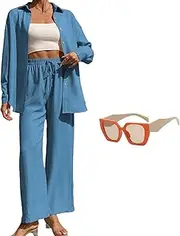[Generic] Women's Solid Button Front Shirt & Tie Front Wide Leg Pants Two-piece Set, Women Casual Lounge Sets