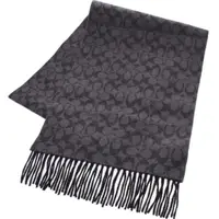 在飛比找momo購物網優惠-【COACH】黑灰經典LOGOx素面羊毛雙面用流蘇圍巾