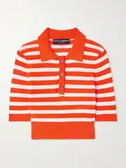 [Dolce & Gabbana] Dolce & Gabbana - Cropped Striped Ribbed-knit Polo Shirt - Red - IT38 IT 38 Red